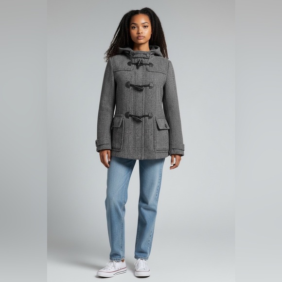 WeSC Thora Hooded Herringbone Wool Blend Duffel Coat Toggle + Zip Gray Size S - Picture 3 of 12